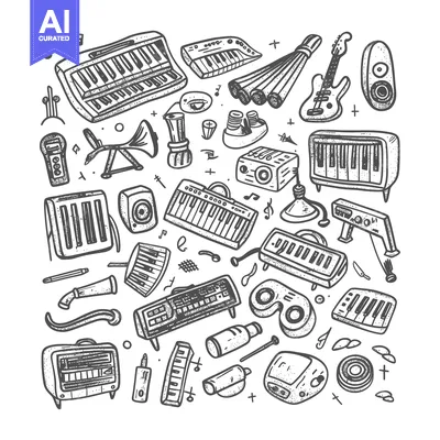 Aset desain premium: Hand-drawn Illustration of Various Musical Instruments and Accessories