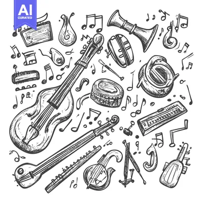 Aset premium populer: Hand-drawn Illustration of Various Musical Instruments and Notes