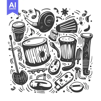 Aset desain premium: Hand-Drawn Illustration of Various Percussion Instruments