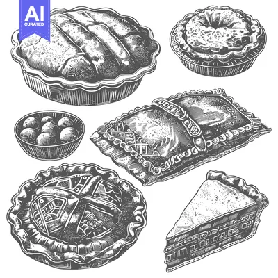 Aset premium populer: Hand-Drawn Illustration of Various Pies and Pastry