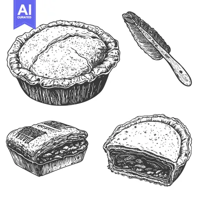 Popular premium asset: Hand-drawn Illustration of Various Pies with a Feather and Handle