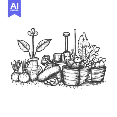 Premium design asset: Hand-Drawn Illustration of Various Plants and Produce in Pots