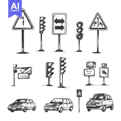 Aset desain premium: Hand-drawn illustration of various road signs, traffic lights, and car