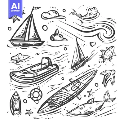 Aset premium populer: Hand-drawn illustration of various seafaring and marine life objects