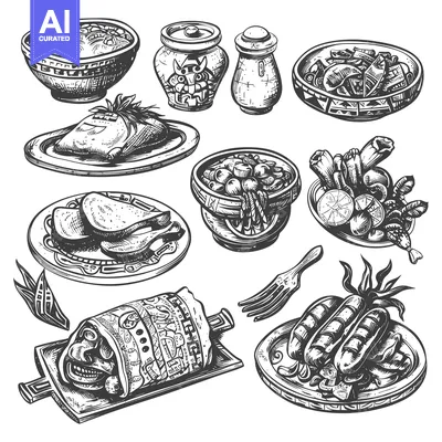 Aset premium populer: Hand-Drawn Illustration of Various Traditional Dishes on Plates and Bo