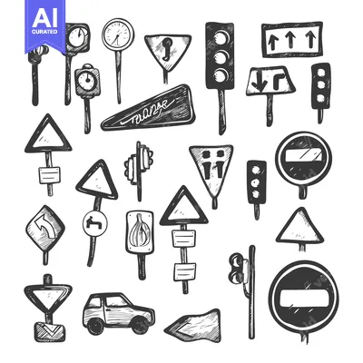 Hand-Drawn Illustration of Various Traffic Signs and Signals