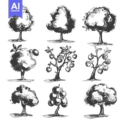 Aset desain premium: Hand-drawn Illustration of Various Trees with Fruits