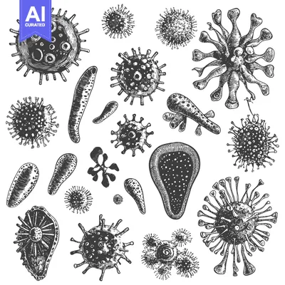 Hand-drawn Illustration of Various Types of Microorganisms
