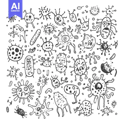Hand-Drawn Illustration of Various Types of Microorganisms