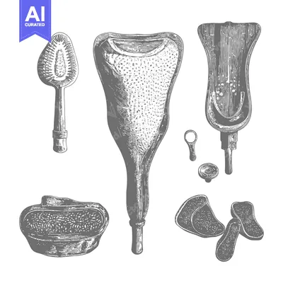 Aset premium populer: Hand-drawn illustration of various vintage medical equipment and tools