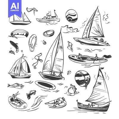 Aset desain premium: Hand-drawn Illustration of Various Watercrafts and Water Activities