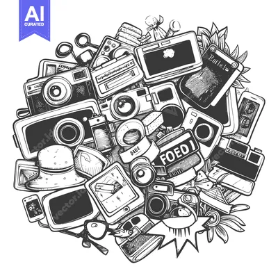 Aset premium populer: Hand-Drawn Illustration of Vintage Cameras, Phones, and Other Items