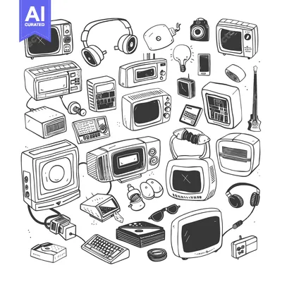 Aset premium populer: Hand-Drawn Illustration of Vintage Electronics and Accessories