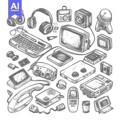 Aset desain premium: Hand-Drawn Illustration of Vintage Technology Gadgets