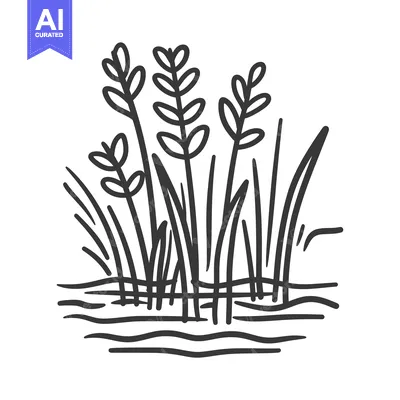 Aset desain premium: Hand-Drawn Illustration of Water Plants with Wavy Lines Representing W