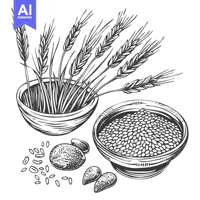 Aset premium populer: Hand-Drawn Illustration of Wheat, Grains, and Seeds in Bowls