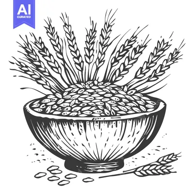 Popular premium asset: Hand-drawn illustration of wheat grains in a bowl with wheat stalks