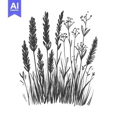 Aset desain premium: Hand-Drawn Illustration of Wild Grasses and Flowers in Silhouette