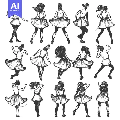 Premium design asset: Hand-drawn Illustration of Women in Dresses with Various Poses and Hai