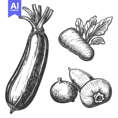 Aset premium populer: Hand-Drawn Illustration of Zucchini, Turnip, and Pears