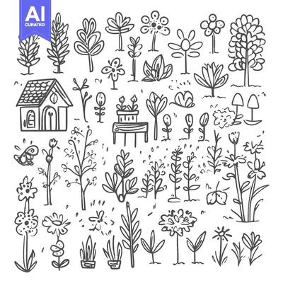 Aset desain premium: Hand-drawn illustrations of a charming cottage garden with various pla