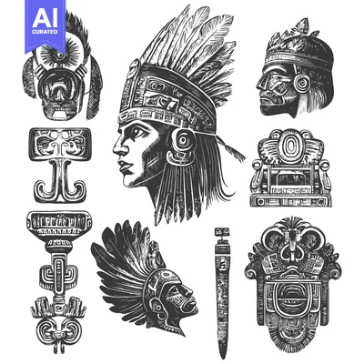 Aset desain premium: Hand-drawn Illustrations of Ancient Mayan and Aztec Art