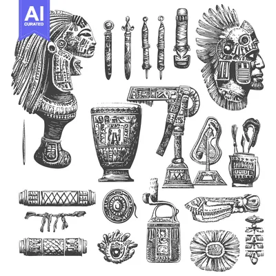 Aset desain premium: Hand-Drawn Illustrations of Ancient Mayan Artifacts