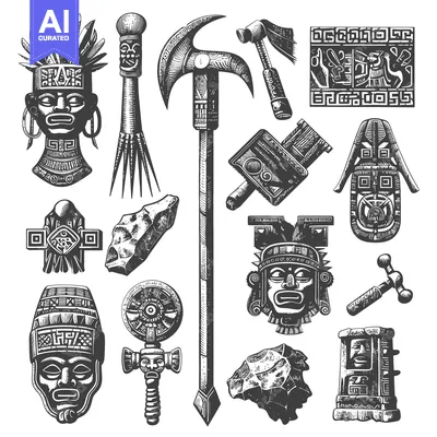 Aset desain premium: Hand-Drawn Illustrations of Ancient Mayan Artifacts and Symbols