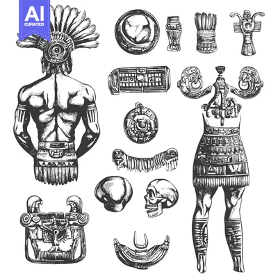 Aset desain premium: Hand-Drawn Illustrations of Ancient Mayan Culture, Including a Figure
