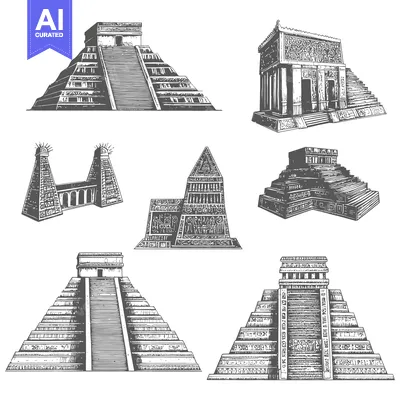Aset desain premium: Hand-Drawn Illustrations of Ancient Mayan Temples and Pyramids