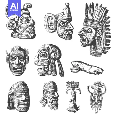 Hand-drawn illustrations of ancient Mesoamerican masks and figures