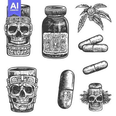Premium design asset: Hand-drawn illustrations of a skull, marijuana, and medicine capsules