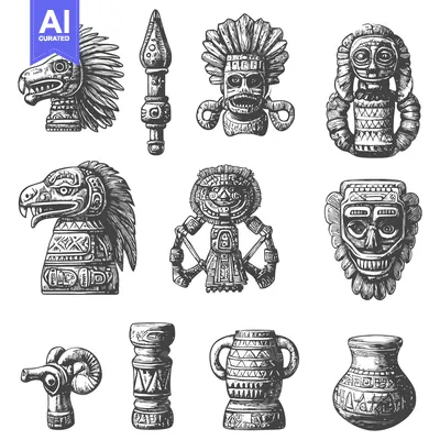 Aset desain premium: Hand-Drawn Illustrations of Aztec Artifacts and Figures