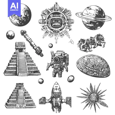 Aset premium populer: Hand-Drawn Illustrations of Aztec Space Travel and Technology
