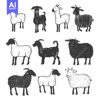 Premium design asset: Hand-drawn illustrations of black and white goats in various poses