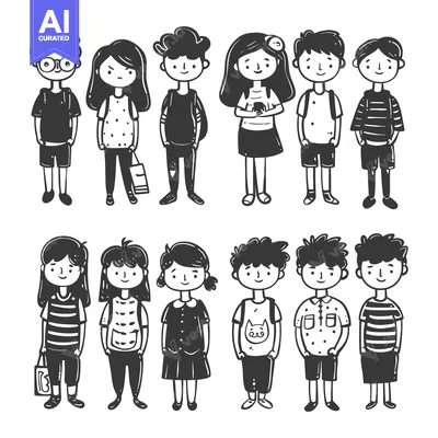 Aset desain premium: Hand-drawn illustrations of children in various poses and clothing sty