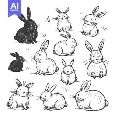 Aset desain premium: Hand-Drawn Illustrations of Cute Bunnies in Various Poses