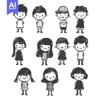 Aset desain premium: Hand-Drawn Illustrations of Cute Children in Various Outfits