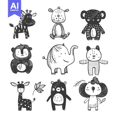 Aset desain premium: Hand-Drawn Illustrations of Cute Safari Animals