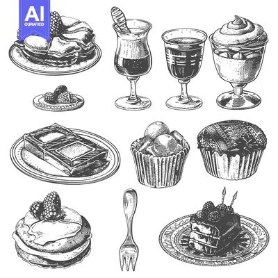 Aset desain premium: Hand Drawn Illustrations of Dessert and Drinks