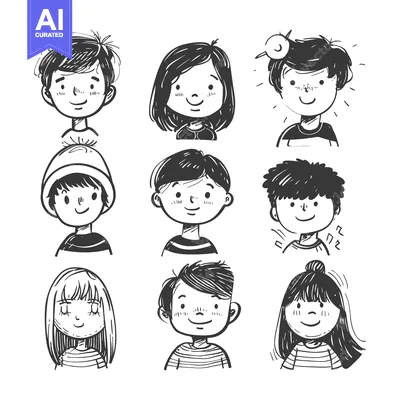 Aset premium populer: Hand-drawn Illustrations of Diverse Children's Faces