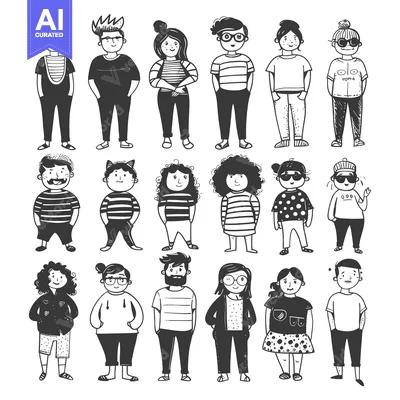 Premium design asset: Hand-Drawn Illustrations of Diverse Individuals in Casual Attire