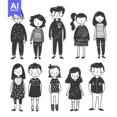 Premium design asset: Hand-drawn Illustrations of Eight Children in Casual Clothing