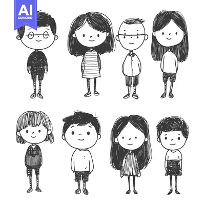 Aset desain premium: Hand-drawn Illustrations of Eight Children Standing in Casual Attire