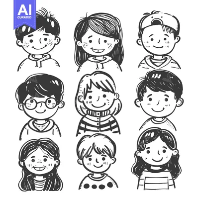 Aset desain premium: Hand-drawn Illustrations of Eight Smiling Children