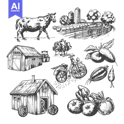 Aset premium populer: Hand-Drawn Illustrations of Farm Life, Featuring Buildings, Animals, a