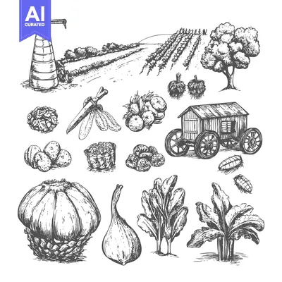 Aset premium populer: Hand-Drawn Illustrations of Farm Produce and Rural Elements