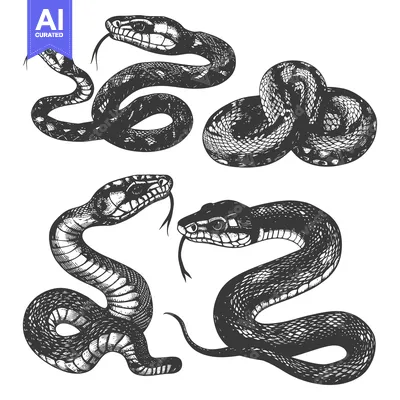 Aset desain premium: Hand-Drawn Illustrations of Four Black and White Snakes