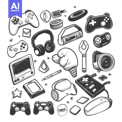 Aset desain premium: Hand-Drawn Illustrations of Gaming and Entertainment Items