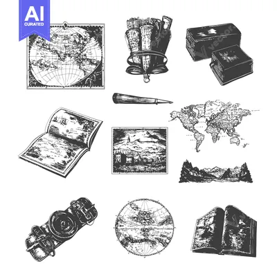 Aset premium populer: Hand-Drawn Illustrations of Globe, Map, Compass, and Books